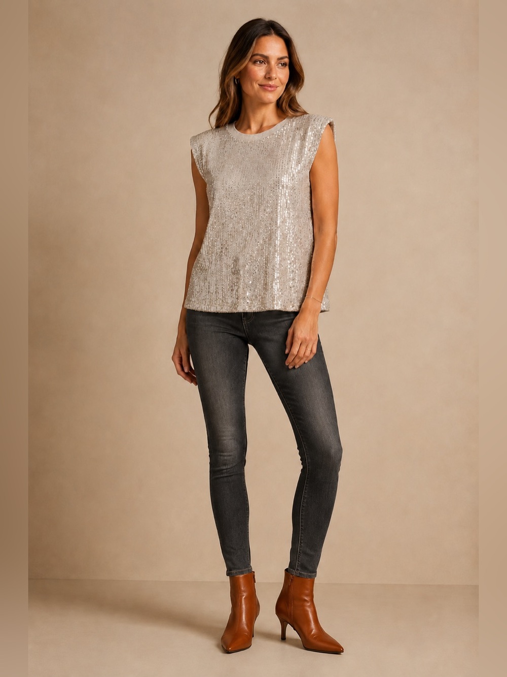 Endless Rose Sequin Shoulder Pad Top NWT Size M Ivory Champagne Sleeveless Party - Picture 10 of 12